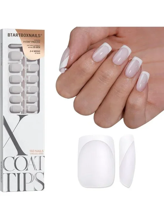 White French Tip Press-On Nails, Square Shape, 4-Week Wear, Easy Application