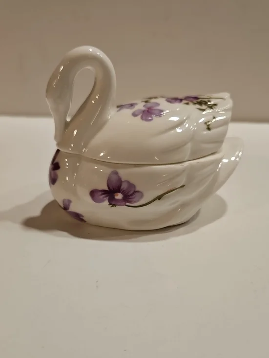 Fine Bone China Swan Trinket Box with Purple Floral Accents Hand Painted