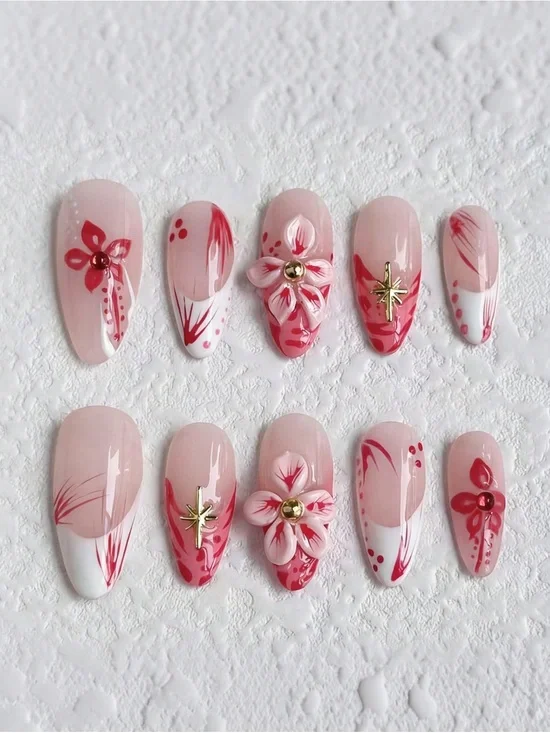 Chic Pink & Red Floral Press-On Nail Set with Gold Accents