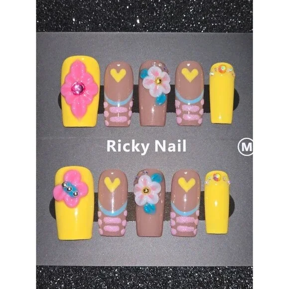 Sunny Bloom Print Press-On Nails –yellow and Mocha Floral 3D