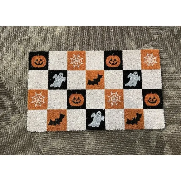 Halloween Checkered Coir Doormat Spooky Ghost Pumpkin Bat Welcome