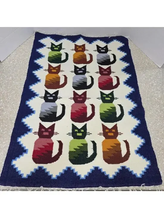 Handwoven Wool Rug with Colorful Cat Motif
