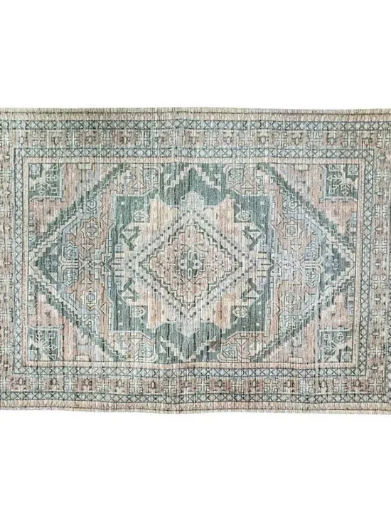 Vintage-Inspired Geometric Area Rug in Sage Green & Blush