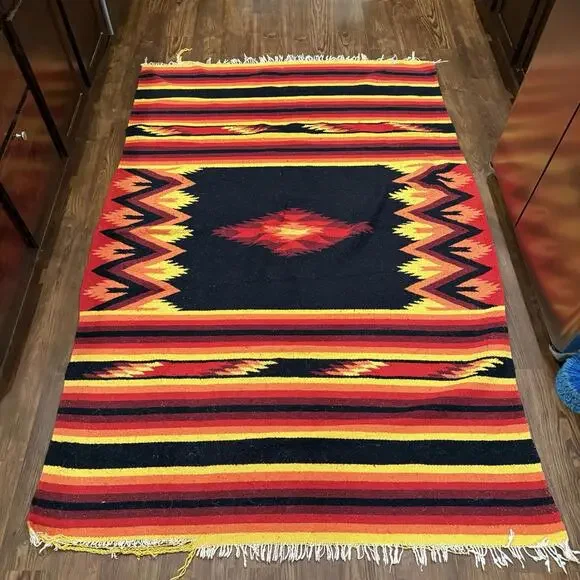 Vintage 70s/80s RARE Handmade Wool‎ Rug Colorful Kilim Aztec Southwestern 88x60