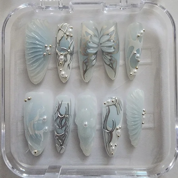 3D Mermaid Core Stiletto Press On Nails - Butterfly & Shell - Size Medium