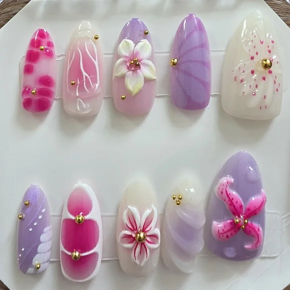 3D Floral & Hibiscus Press-On Nails | Purple & Pink | Size Medium