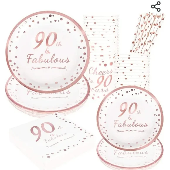New! Set of 90th Birthday celebration party disposable tableware for 24