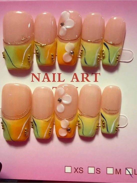 Peach and Yellow Floral Press-On Nail Set