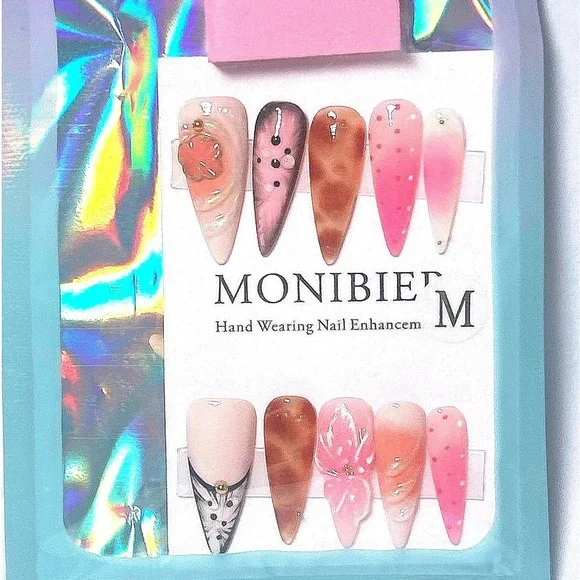 MONIBIER Pink Brown Animal Print Floral Press On Nails Coffin Medium