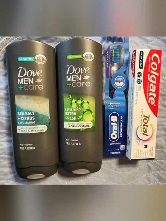 Dove Men+Care Extra Fresh / Sea Salt Body & Face Wash, Colgate, Oral B.