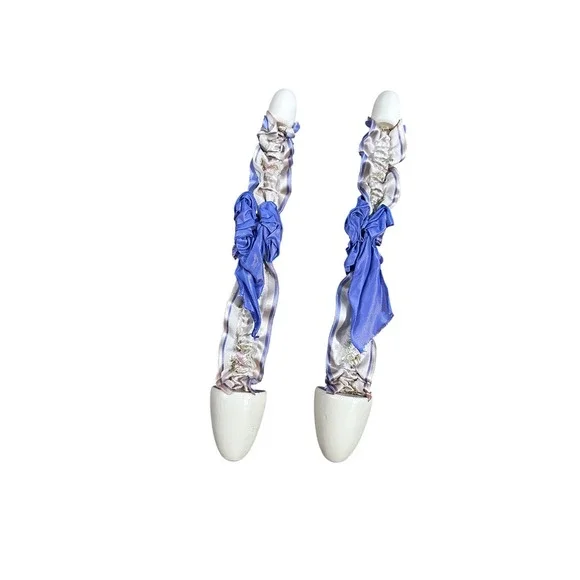 Mon Petit Shoe Vintage Style Wooden Shoe Trees Blue Satin Ruffle Ribbon Pair