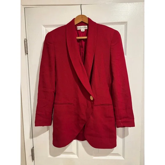Vintage Christian Dior Red‎ Wool Blazer 80s Gold Single Button Suit Jacket 4 USA