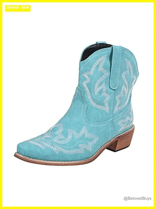 Cowgirl Western Ankle Booties Pointed Toe Low Chunky Heel Embroidered