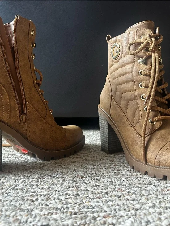 GBG Los Angeles Camel Lace-Up Lug Heel Ankle Boots