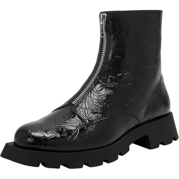 Katy Perry Combat Boot Square DAARLING Wrinkle Black Leather Front Zip Black 5.5