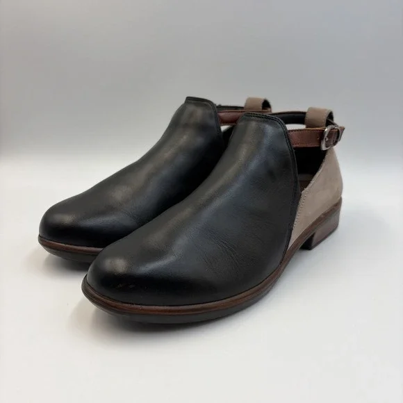 Naot Kamsin Leather Ankle Strap Booties Women's EU38 US7 Black Raven/Stone Brown