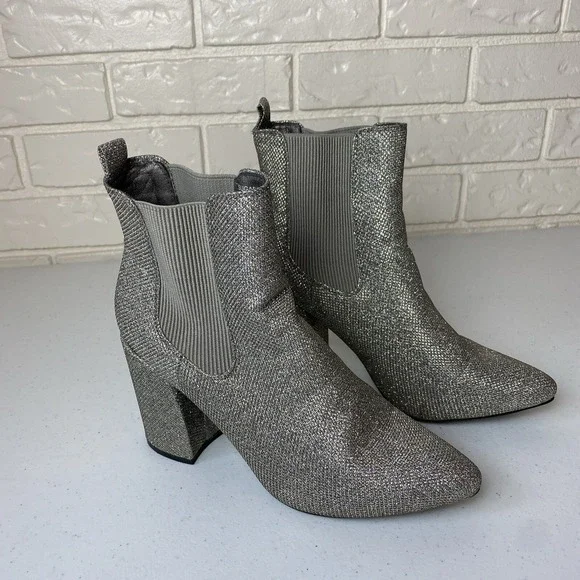 SUGAR Womens Silver  Glitter Pewter Mesh Pointed Toe Block Heel Booties Size 9