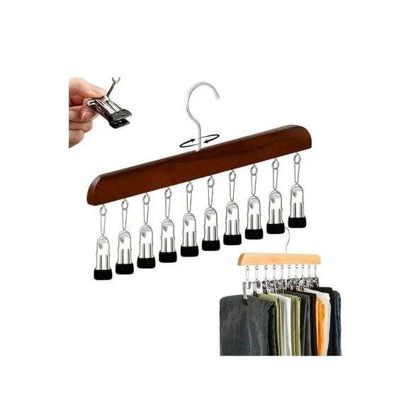 188.-   (2) Wooden Clothes Hanger with 10 Clips, Upgraded Multi-Functional Close