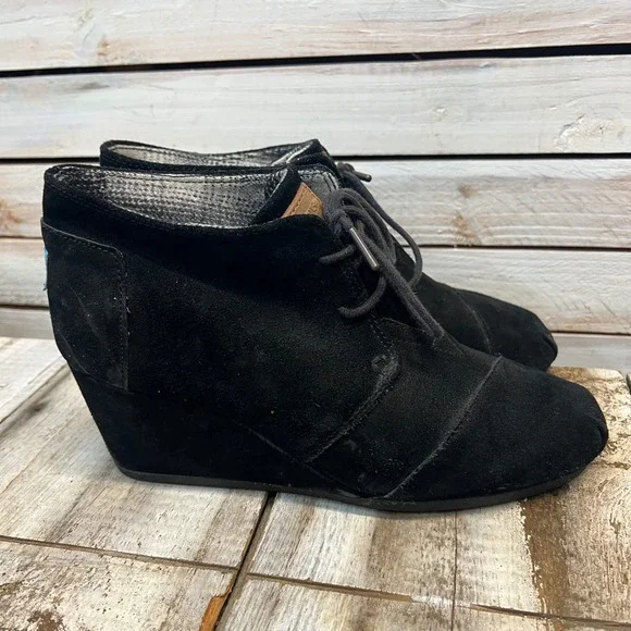 TOMS Black Suede Wedge Desert‎ Booties Lace Up Ankle Boots Y2K Size 10