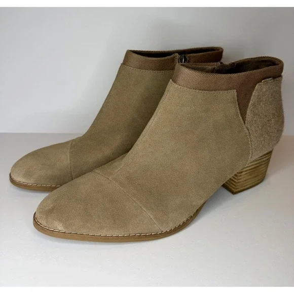 TOMS Marina Taupe Suede Wool Ankle Boots Womens Size 12 Tan Block Heel Booties