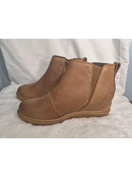Women's Sorel Evie II Brown Leather Waterproof Zip Wedge Boots Size 6.5