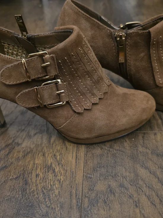 Anne Klein Brown Suede Fringe Buckle Ankle Booties