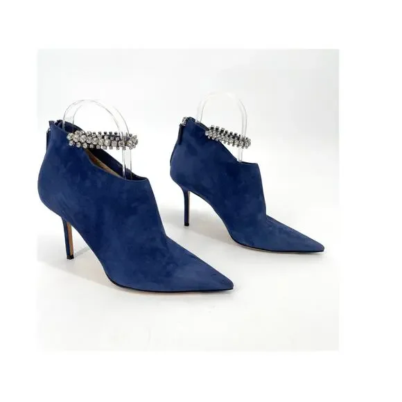 Jimmy Choo Blaize 100 Navy Blue Suede Ankle Bootie Crystal Strap size IT 37