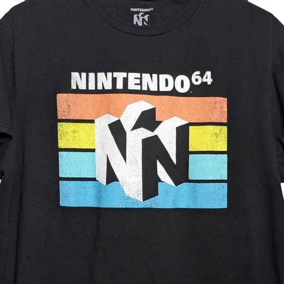 Nintendo 64 Black T-Shirt N64 Logo Over Stripes Men's Large Vintage Look EUC
