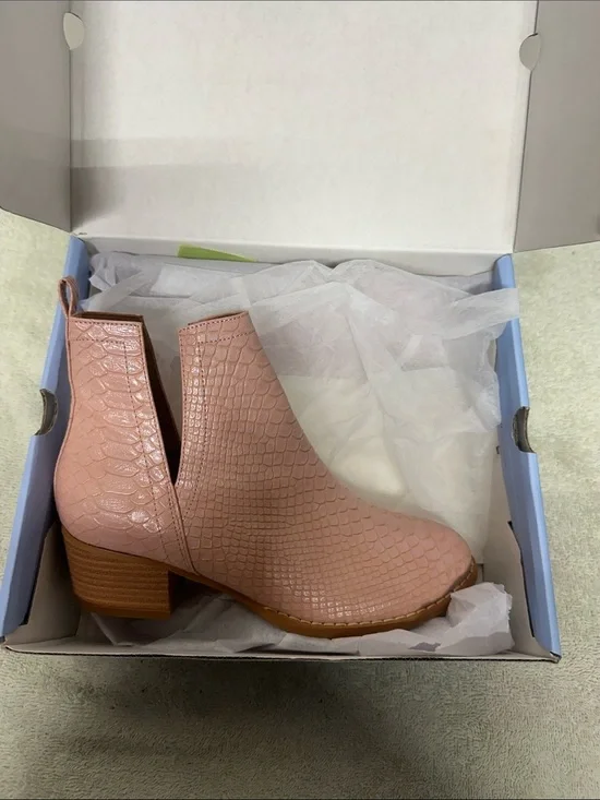 Croc-Embossed Pink Ankle Bootie with Stacked Heel