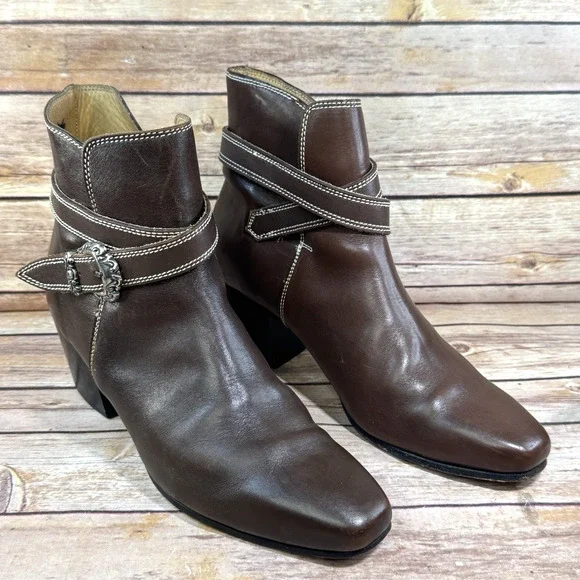 Womens Brown Leather Block Heel Ankle Strap Silver Buckle Ankle Boots 8.5