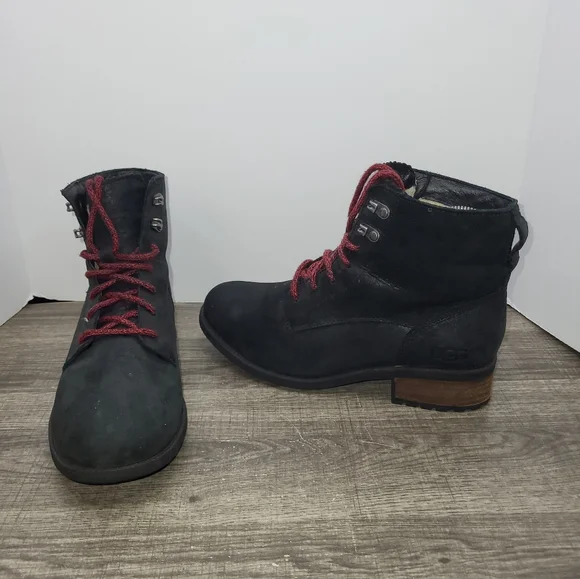 Women’s Black Suede Lace-Up Ankle Boots with Red Laces