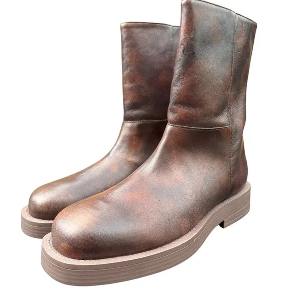 Schutz Jamie Leather Ankle Bootie Brown Size 7 US Slip-On Block Heel Boot