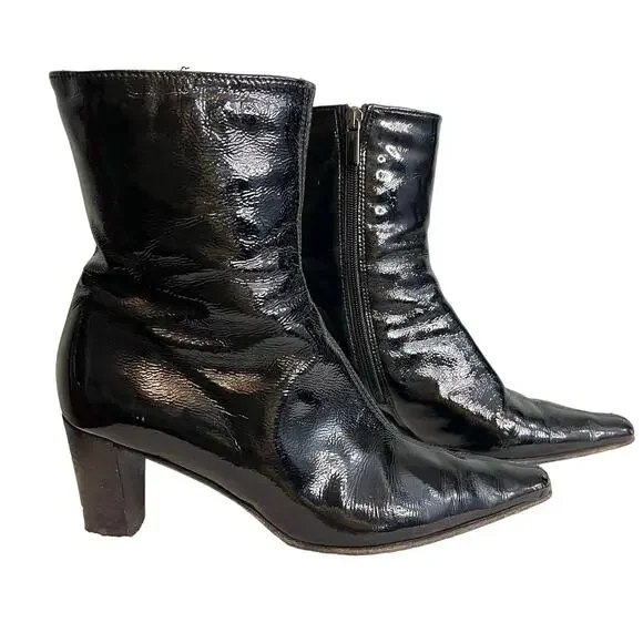 Aquatalia Leather Ankle Boots Size 8 Black Shiny Pointy Toe Luxury Made in ITALY