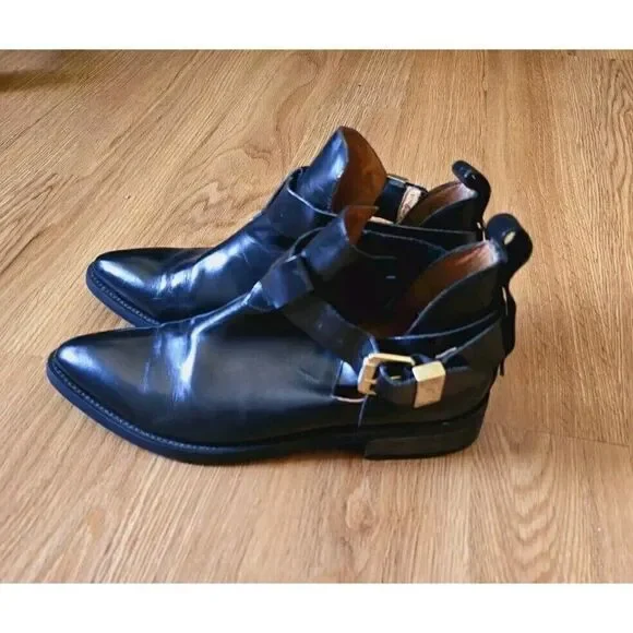 Miista Leather Strap Bootie with Buckle EU 38 US 7.5 Western Gold Hardware