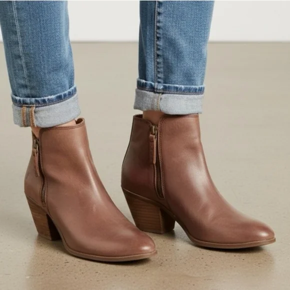 FRYE Judith Double Zip Brown Leather Almond Toe Ankle Boots