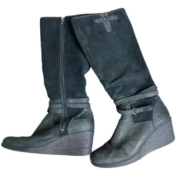 Ugg Black Wedge Knee High Waterproof Suede Boots Women's Size 8