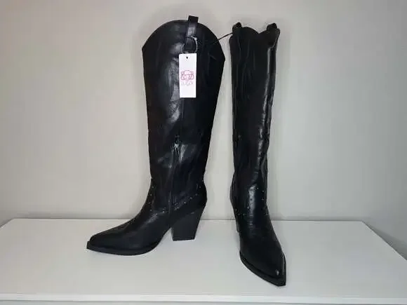 Sugar Nails Studs Women's Western Boots Black Flame Pattern Size 8.5M