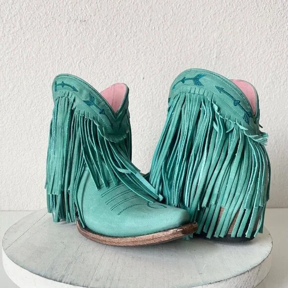Lane Junk Gypsy Spitfire Fringe Cowboy Boots Turquoise Short Ankle Booties 5 New