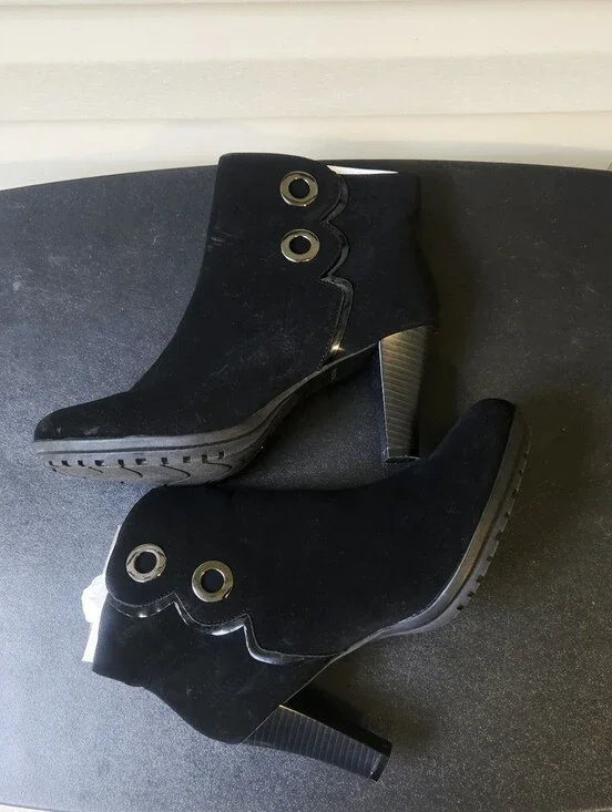 Black Suede Heel Ankle Boots with Grommet Detail