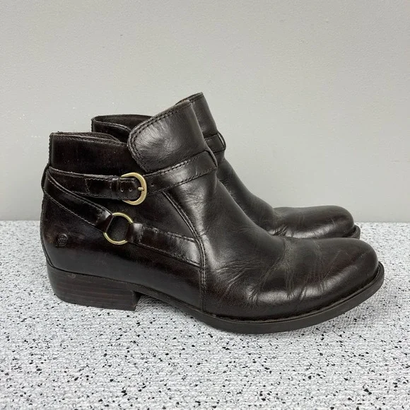 Born Shoes Baily Ankle‎ Boots Womens 10M Dark Brown Leather Buckle Accent