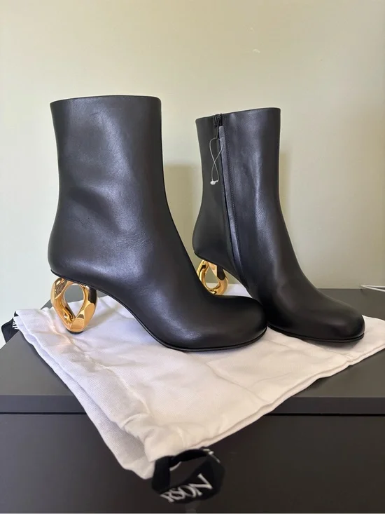 W Anderson Black Leather Gold Chain Heel Ankle Boots Size 37
