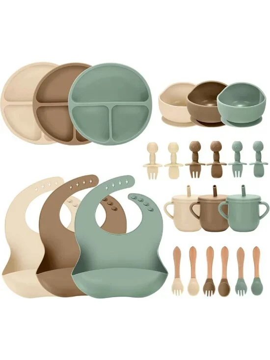 24 PCS Silicone Baby Feeding Set - Suction Bowls, Divided Plates, Bibs & Cups