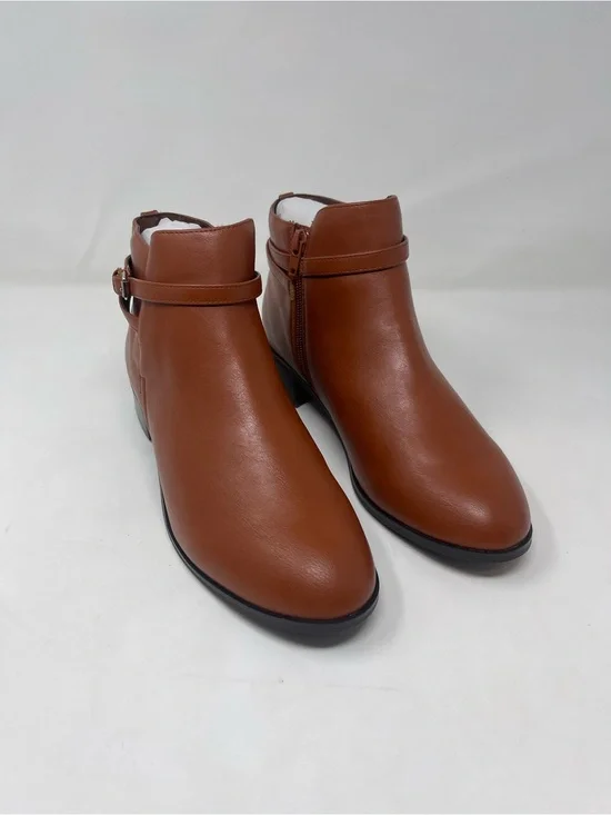 Ashro Menna Ankle Boots Womens‎ Size 8 Brown Luggage Faux Leather Buckle Zip New