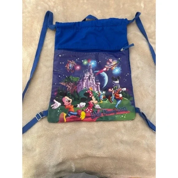 Walt Disney World Vintage Drawstring Backpack Mickey Minnie Goofy Blue Cinch Bag