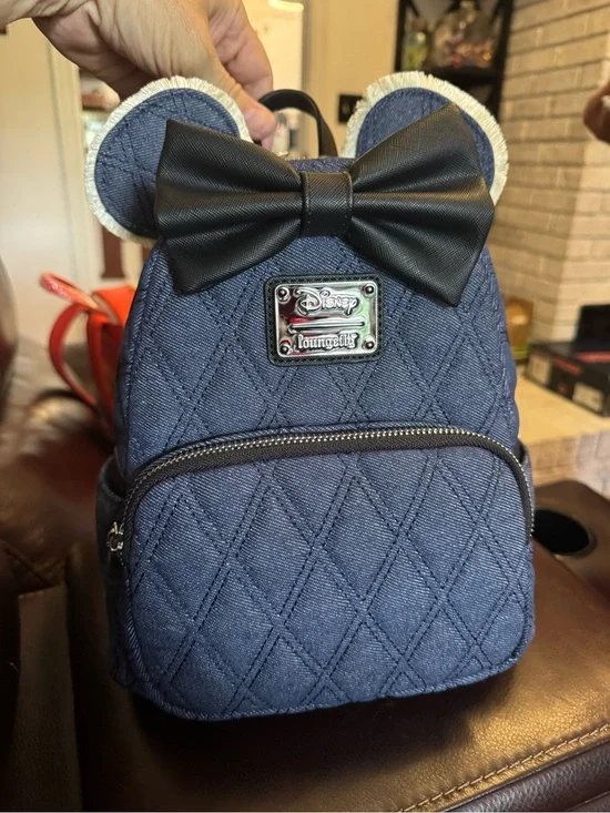 Loungefly Navy Quilted Denim Minnie Ear Mini Backpack with Black Bow w/ Wallet