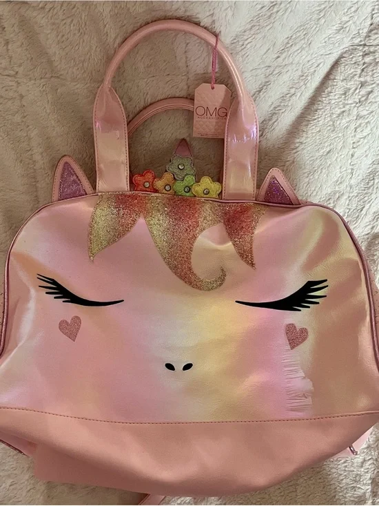 Pink Unicorn Tote Bag with Glitter Mane and Hearts