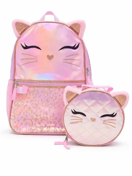 Pink Cat Kids Backpack & Lunch Bag Set - Cute Glitter Ears W