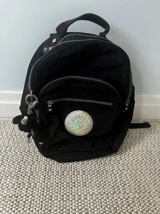 Black Kipling Small Backpack 15in Silver Zipper with keychain Barely Used
