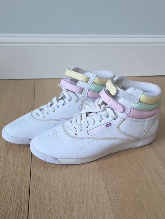 Reebok White High-Top Sneakers with Pastel Pink, Yellow & Mint Accents
