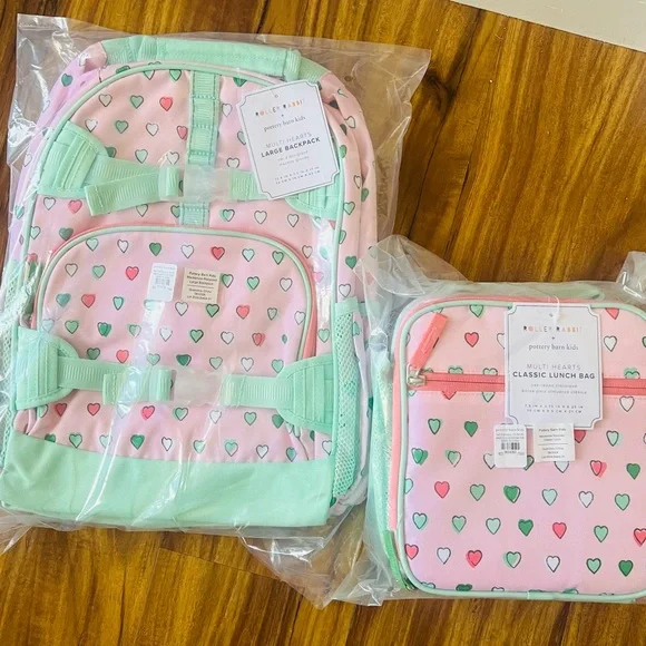 Pottery Barn Kids Multi Hearts large backpack + Classic lunchbox